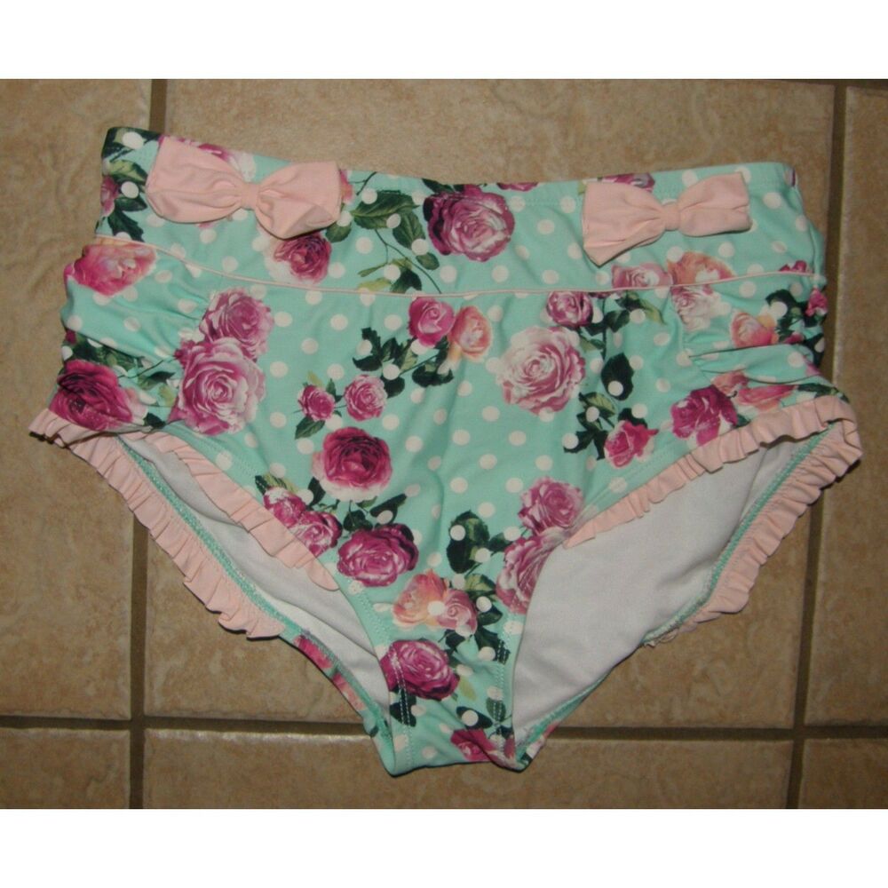 HOT TOPIC Ruffled Floral & Polka Dots Sz Small Lined High Waisted Bikini Bottoms